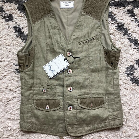 BRAND NEW - Zara Man Green Linen Vest Jacket (Size Small) - Picture 4 of 10